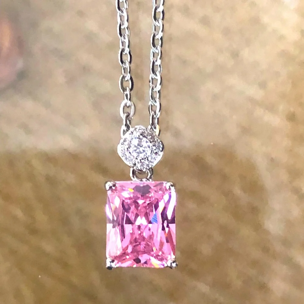 Pink Sapphire Silver CZ Pendant Necklace